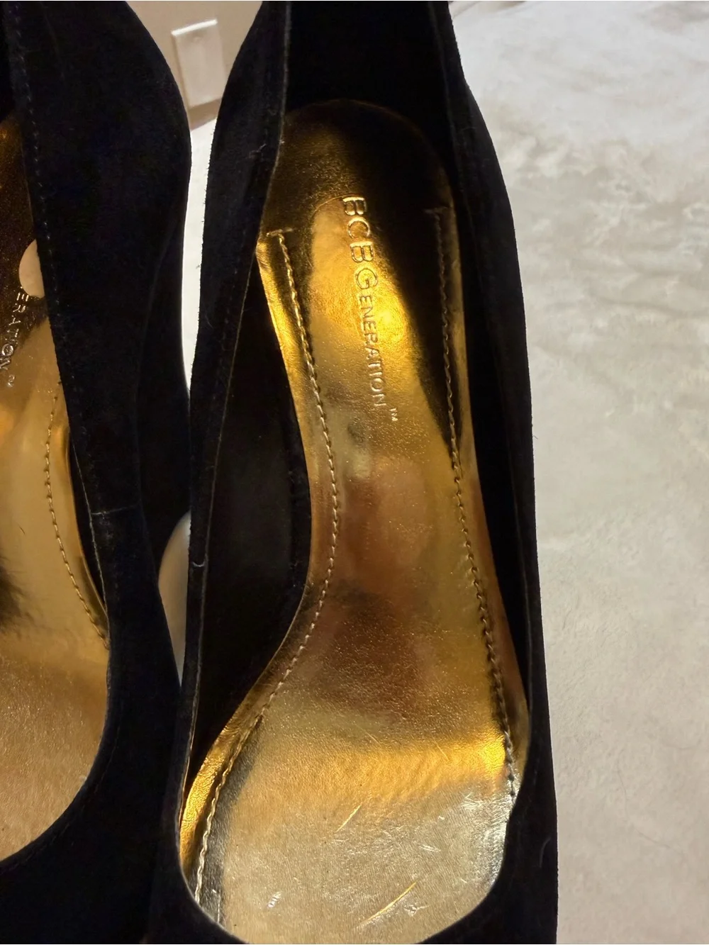 BCBG Black Suede Wedge Pumps with Gold Lining
